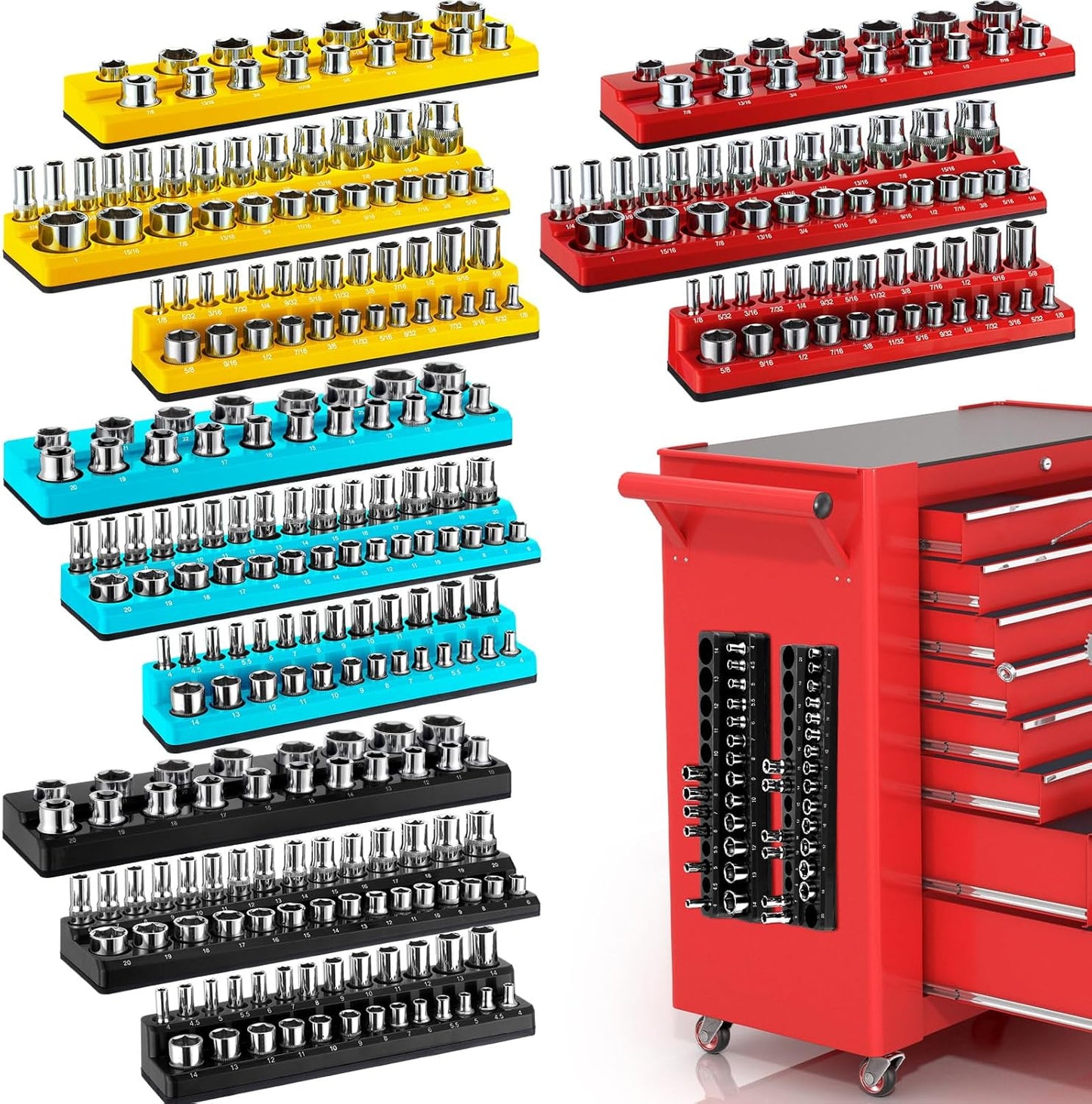12 Pcs Magnetic Socket Organizer Set Compatible with SAE and Metric Magnetic Holders 1/4'', 3/8'', 1/2'' Drive Socket Trays Hold 286 Standard and Deep Size, No Sockets(Colors B)