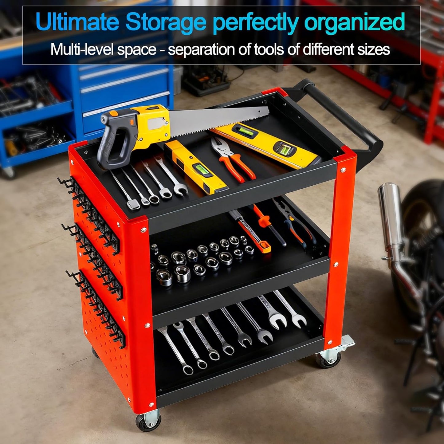 3-Tier Rolling Tool Cart with Pegboard, Heavy Duty Mechanic Utility Cart 1000LBS Load Capacity for Repair Shop, Garage, Warehouse & Workshop (Red & Black)
