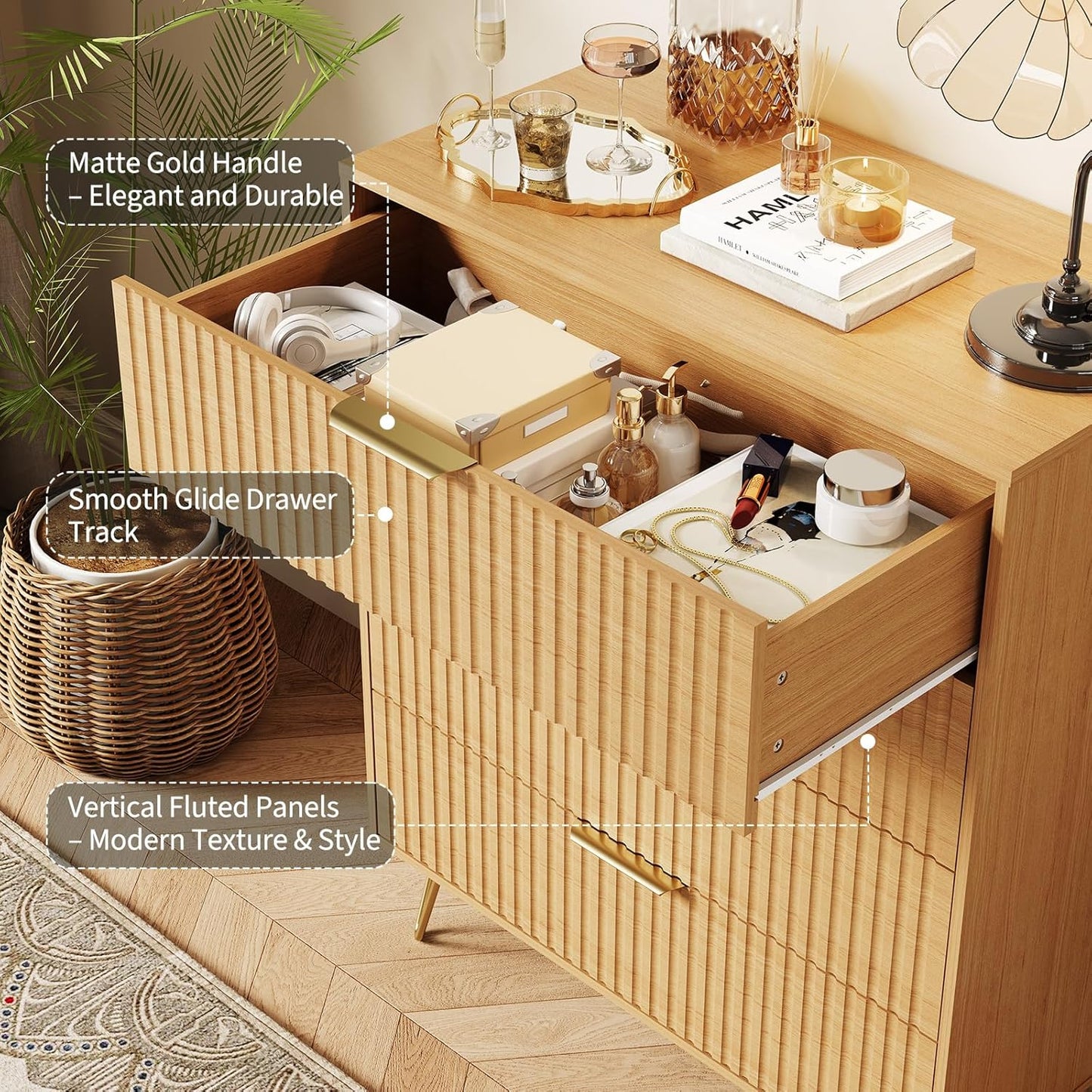 Garvee Fluted Dresser for Bedroom with 4 Drawers,32" Wide Modern Chest of Wooden Bedroom Chest with Metal Handle,Wide Clothes Storage Organizer,Closet Dresser & TV Stand for Living Room,Natura Oak