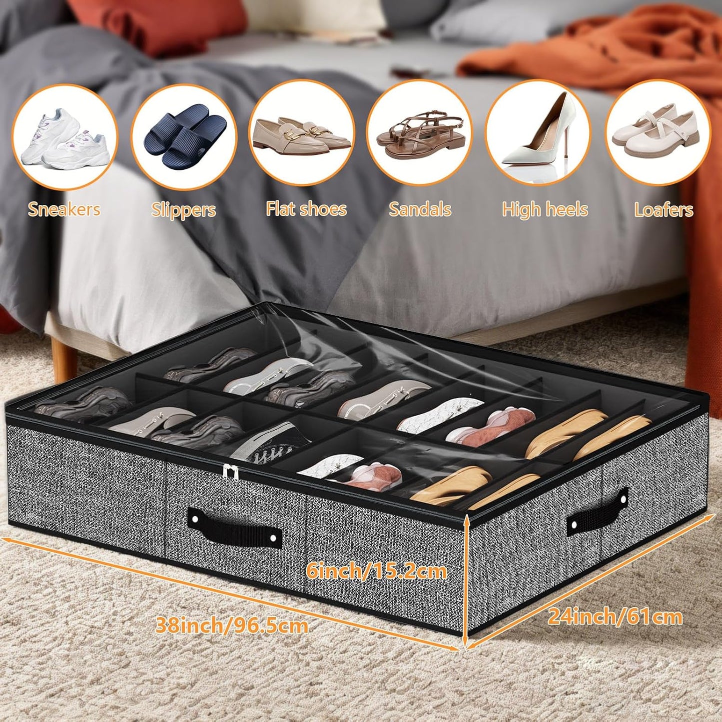 homyfort 32 Pairs Shoe Organizer Under Bed, Underbed Shoe Storage Boxes Bins, Organizador De Zapatos, Extra Large Zapateras Organizer, Black, Set of 2