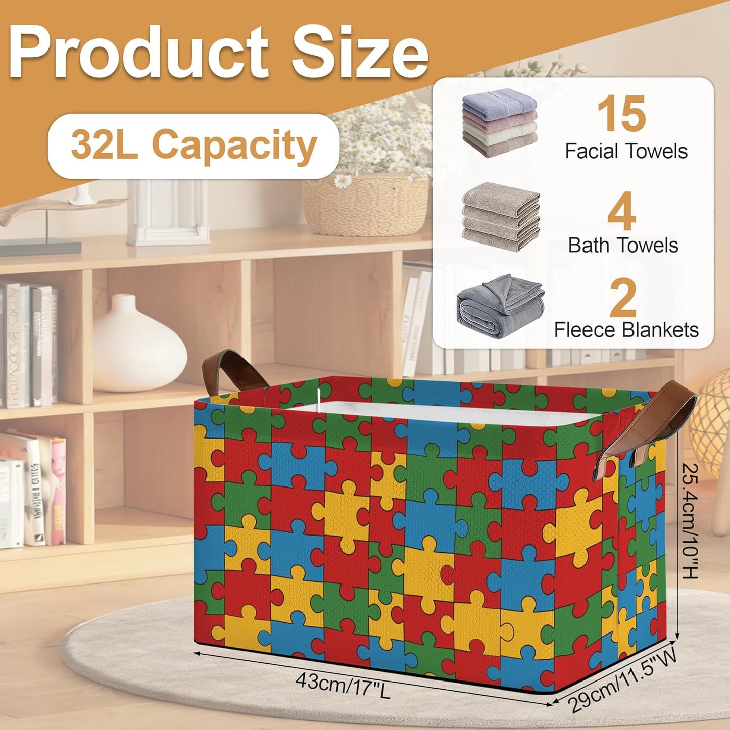 Jigsaw Storage Bins with Handles, Collapsible Storage for Clothes, Gift Basket, Blankets & Closet Organization