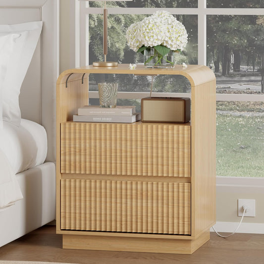 Natural Oak Nightstand with Charging Station, Mid Century Modern Bedside Table & End Table, Fluted Wood Small Night Stand with 2 Hidden Drawers and Storage Shelf for Bedroom