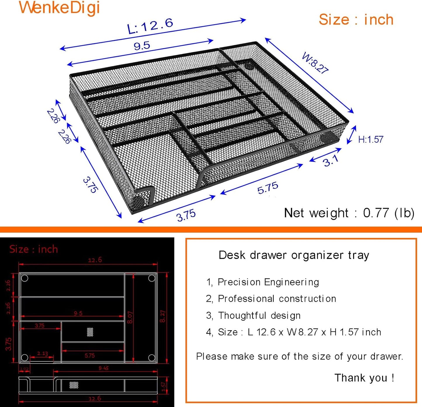 Metal Mesh Desk Drawer Organizer Tray, 6-Compartment Office Drawer Organizer for Pens Supplies, 12.6"x8.27"x1.57" Black