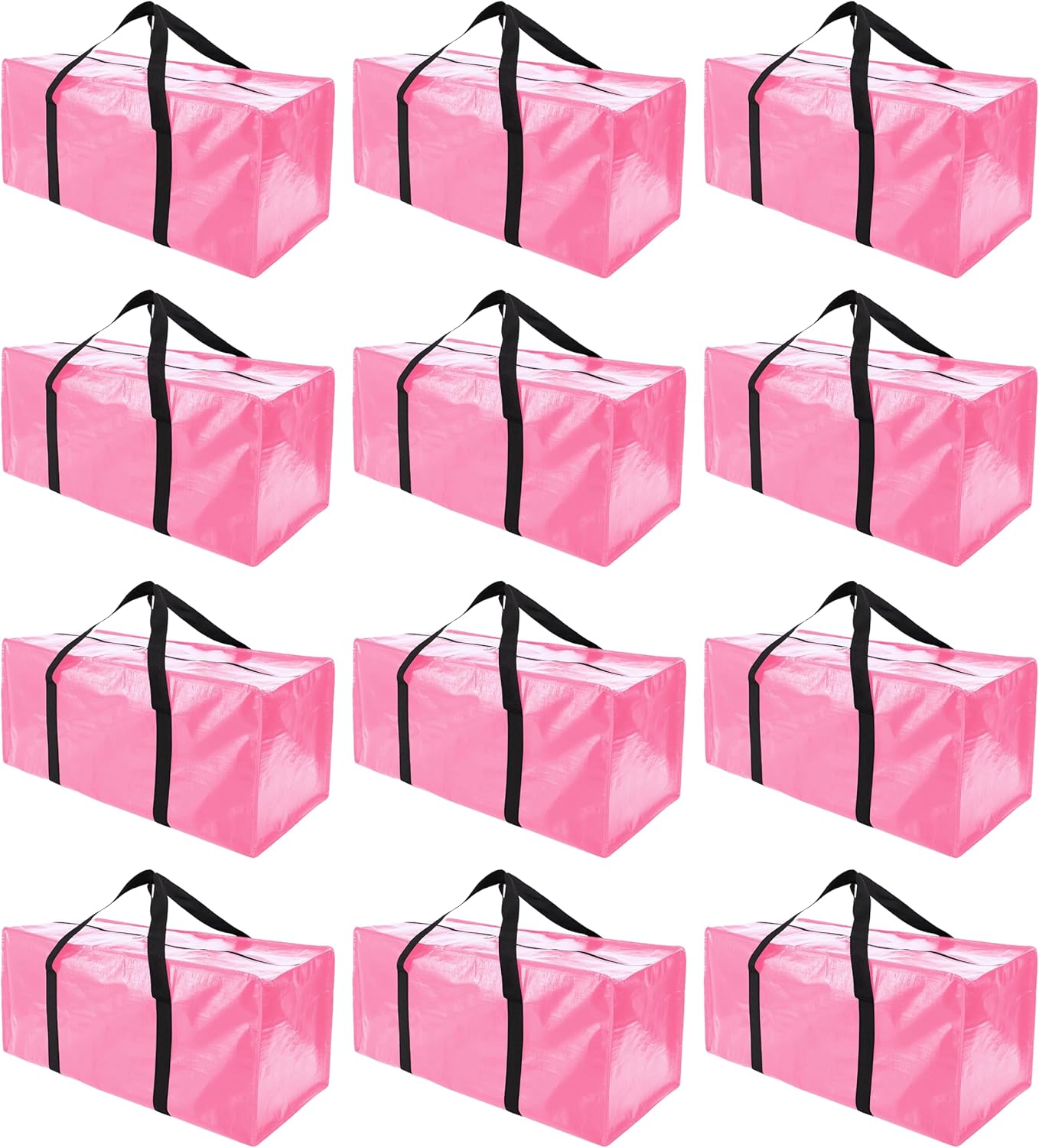 12 Pack Extra Large Moving Bags with Zippers & Carrying Handles, Heavy-Duty Storage Tote for Space Saving Moving Storage, Fold Flat, Alternative to Box and Bin,Pink