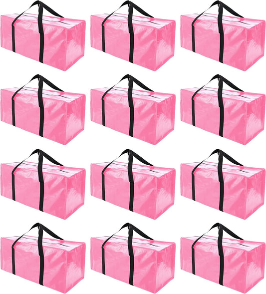12 Pack Extra Large Moving Bags with Zippers & Carrying Handles, Heavy-Duty Storage Tote for Space Saving Moving Storage, Fold Flat, Alternative to Box and Bin,Pink