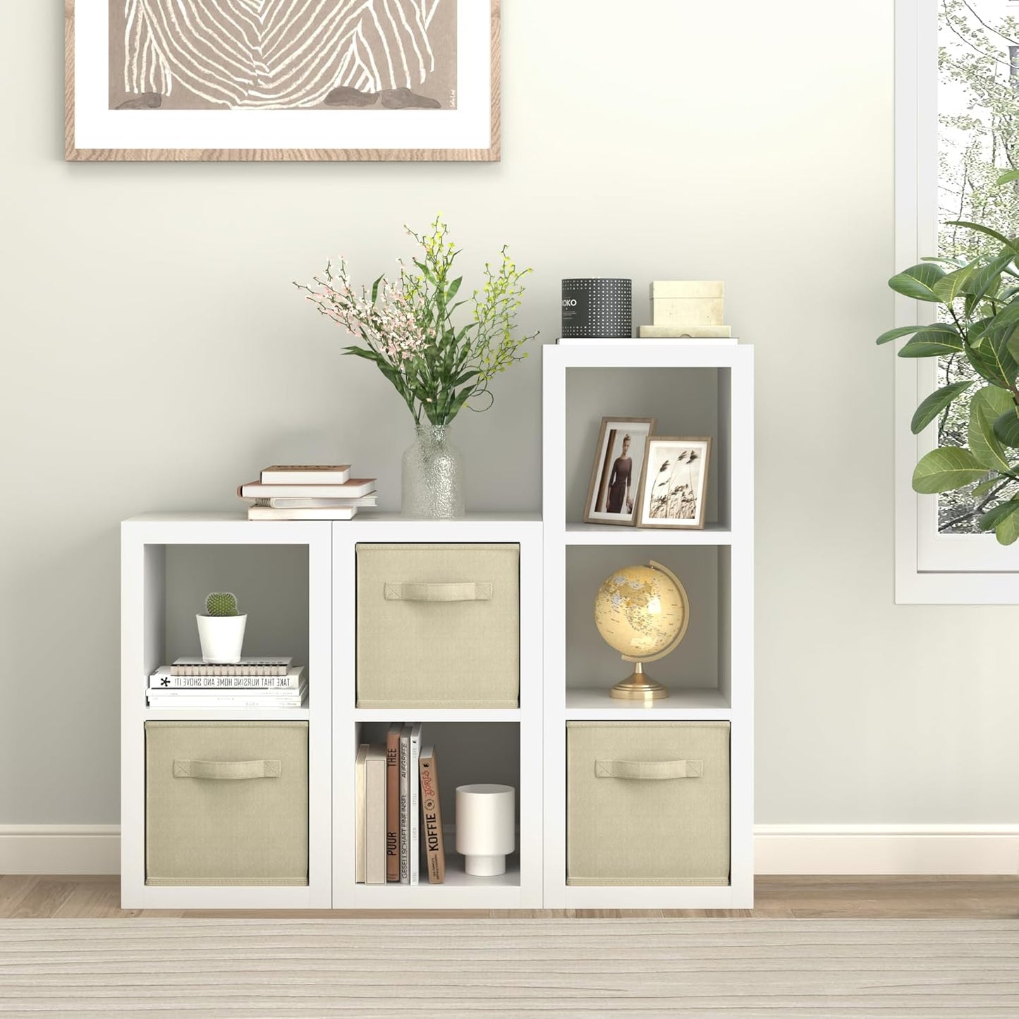 furtble 3 Cube Storage Organizer Shelf with Bins, White 3 Tier Bookcase with Fabric Storage Bins, Morden Bookshelf for Bedroom, Living Room, Closet, Office, 11.5" D x 11.5" W x 37.67" H