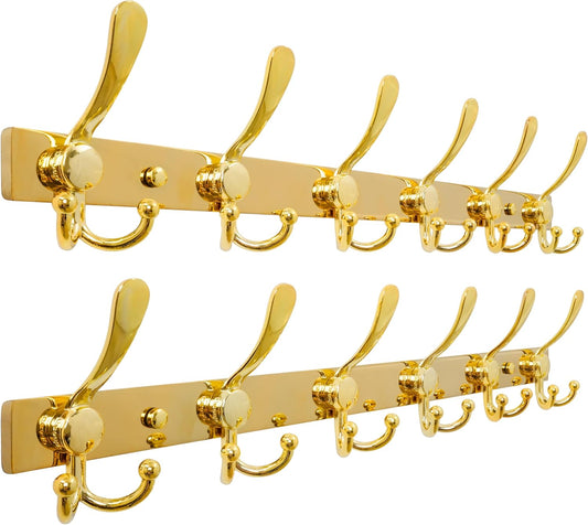 Dseap Coat Rack Wall Mount 2.0 Pro: 24” Long, 3X Tougher, Heavy Duty Stainless Steel Wall Coat Hanger with 6 Tri Hooks for Clothes Jackets Hats Entryway Closet, Gold, Pack of 2