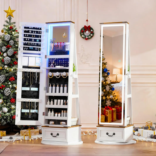 LVSOMT LED Mirror Jewelry Cabinet Standing, 360°Swivel Jewelry Armoire with Full Length Mirror, Mirror with Jewelry Storage and Large Wooden Drawer for Christmas Gifts (Farmhouse White)