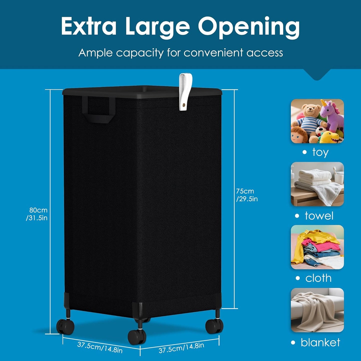 Laundry Basket with Wheels 105L, Large Rolling Laundry Hamper with Removable Bag, Metal Frame Collapsible Dirty Clothes Bin, Cloth Organizer Hampers Pull Handle for Bathroom, Dorm, Bedroom Black