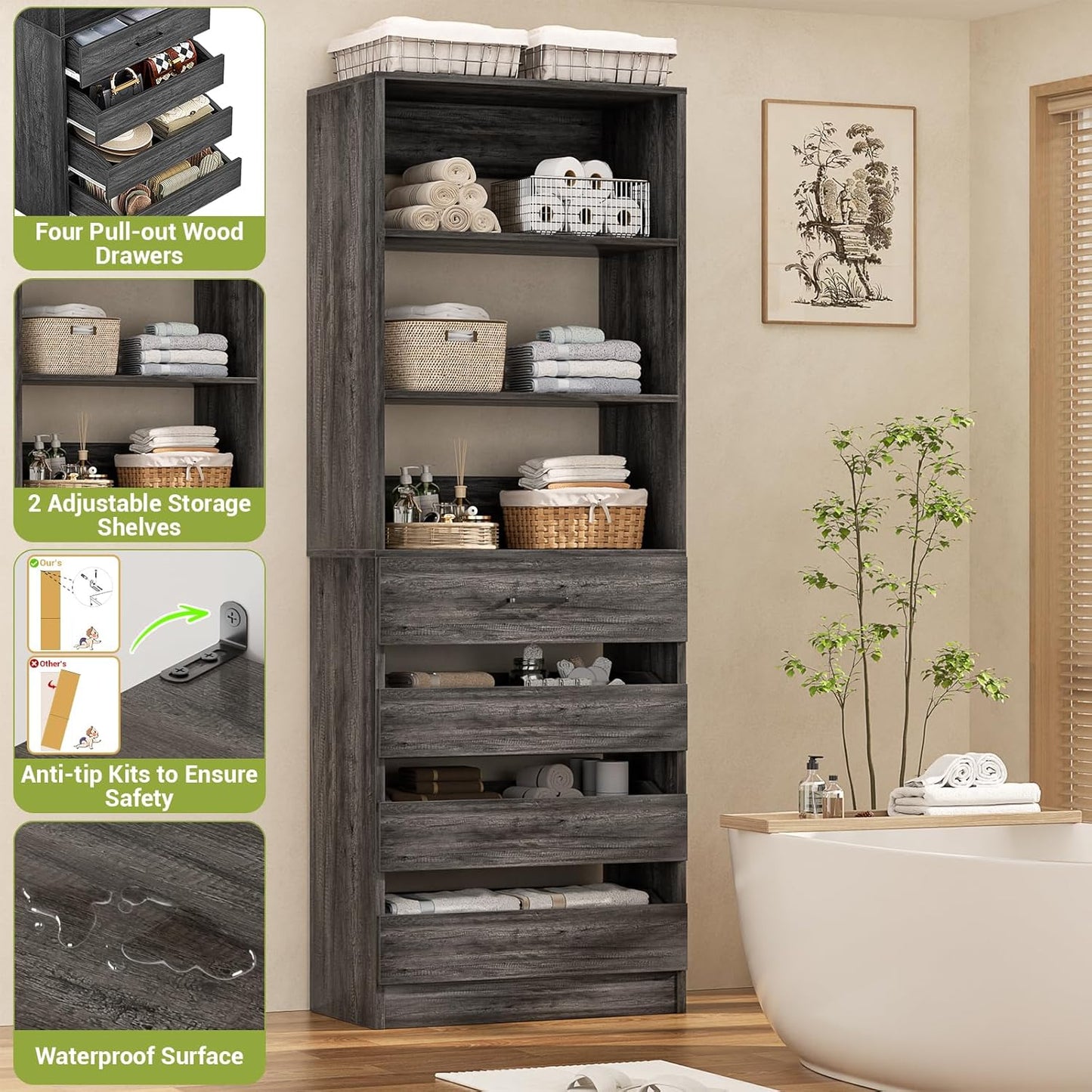 Aheaplus 21.3" Closet System with 4 Drawers, Wood Closet Organizer with Open Shelves, Modular Drawers System Tower, Walk-in Small Wardrobe Rack, Tall Storage Cabinet Unit, Black Oak
