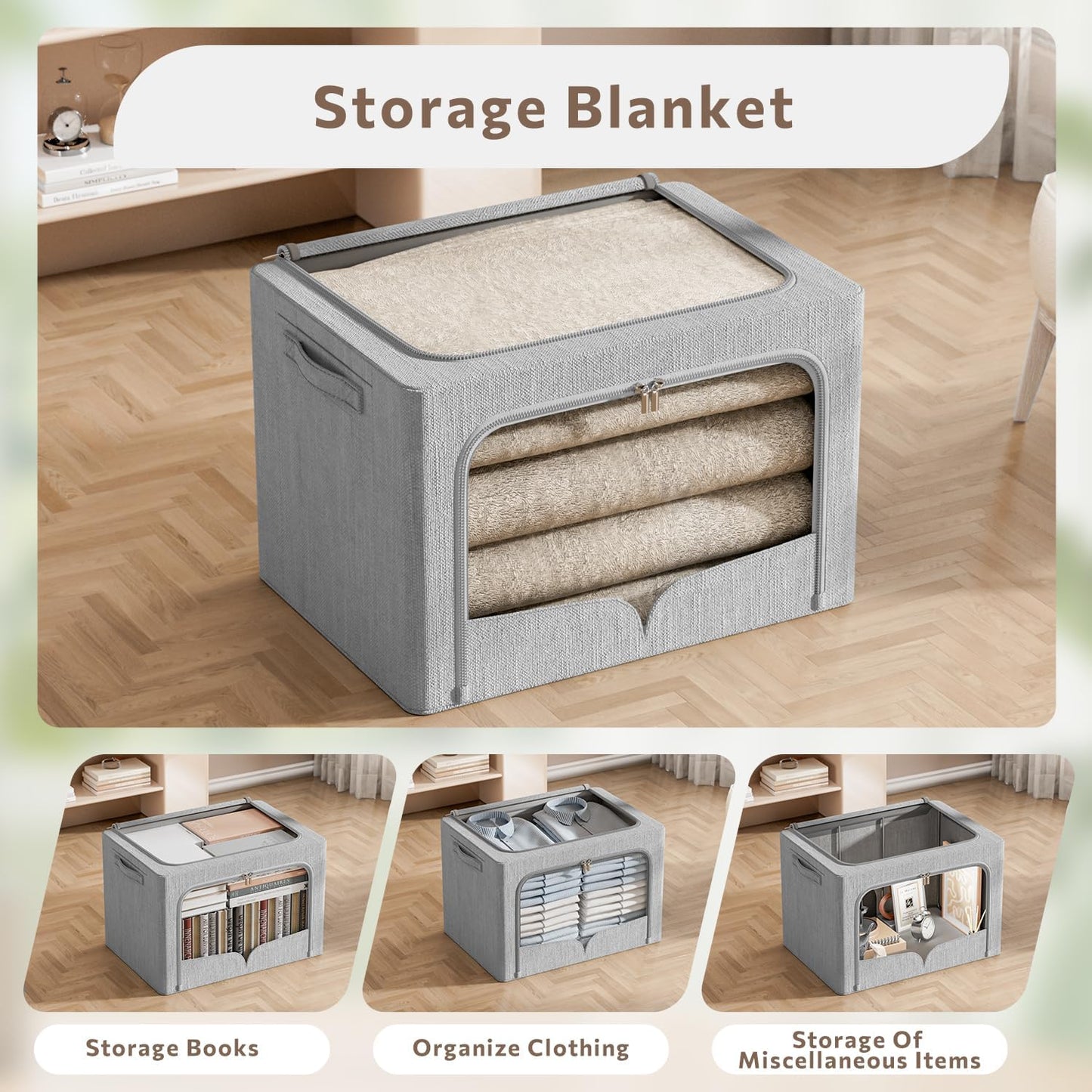 FHSQX 3 Pack Clothes Storage Bins Foldable Metal Frame Storage Box Extra Large Stackable Linen Fabric Organizer Set with Carrying Handles and Clear Window (Light Gray, 23.6x16.5x15.7inch(100L))