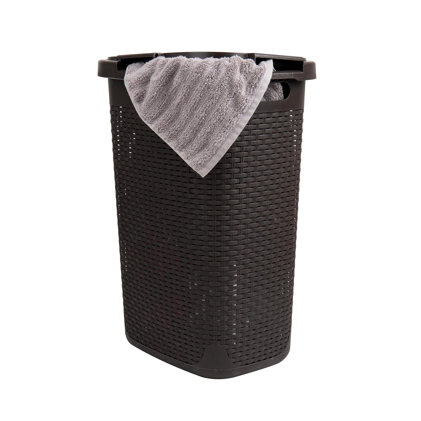 Mind Reader Slim Laundry Hamper with Lid, 60L Clothes Basket, Premium Wicker Design, Plastic, Brown