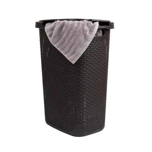 Mind Reader Slim Laundry Hamper with Lid, 60L Clothes Basket, Premium Wicker Design, Plastic, Brown