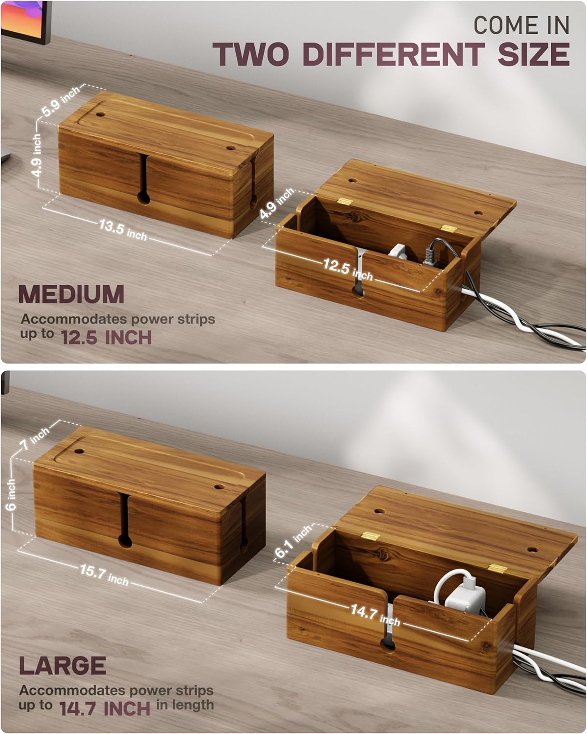 BLUEWEST 2-Pack Cable Management Box, Acacia Large Cable Cord Organizer Boxes for Power Strip – 3 Open Slots Wooden Cords Hider Box for TV Wires, Computer, Router, USB Hub and Under Desk Power Strip