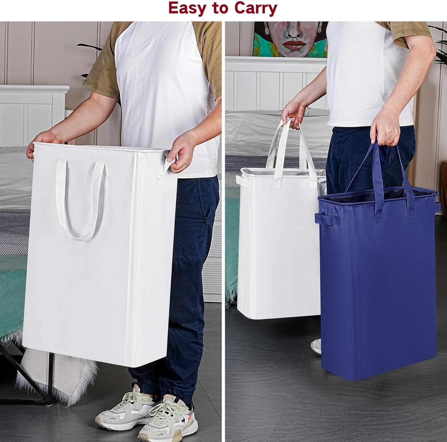efluky Slim Laundry Basket, Narrow Laundry Hamper with Handles, Collapsible Dirty Clothes Hamper, Tall Laundry Bin for Laundry Room, Dorm and Bedroom, 12.7 Gallons(75L) White