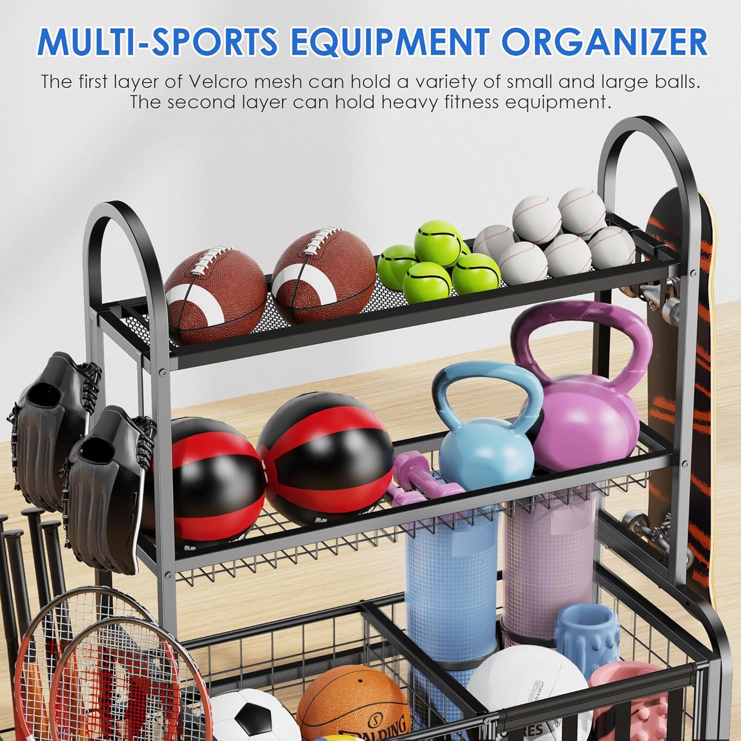 Garage Ball Storage, 2 in 1 Sports Equipment Organizer, Garage Organizer with Basket and Hooks, Individually Movable Rolling Sports Ball Organizer Cart, Black