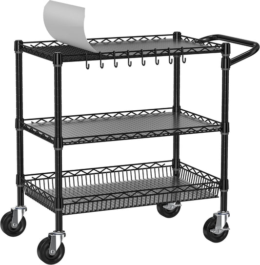 Heavy Duty Rolling Cart with Wheels, 3 Tier Commercial Grade Utility Cart, Metal Kitchen Storage Trolley with Handle Bar & Shelf Liner for Food Service Tool, Black