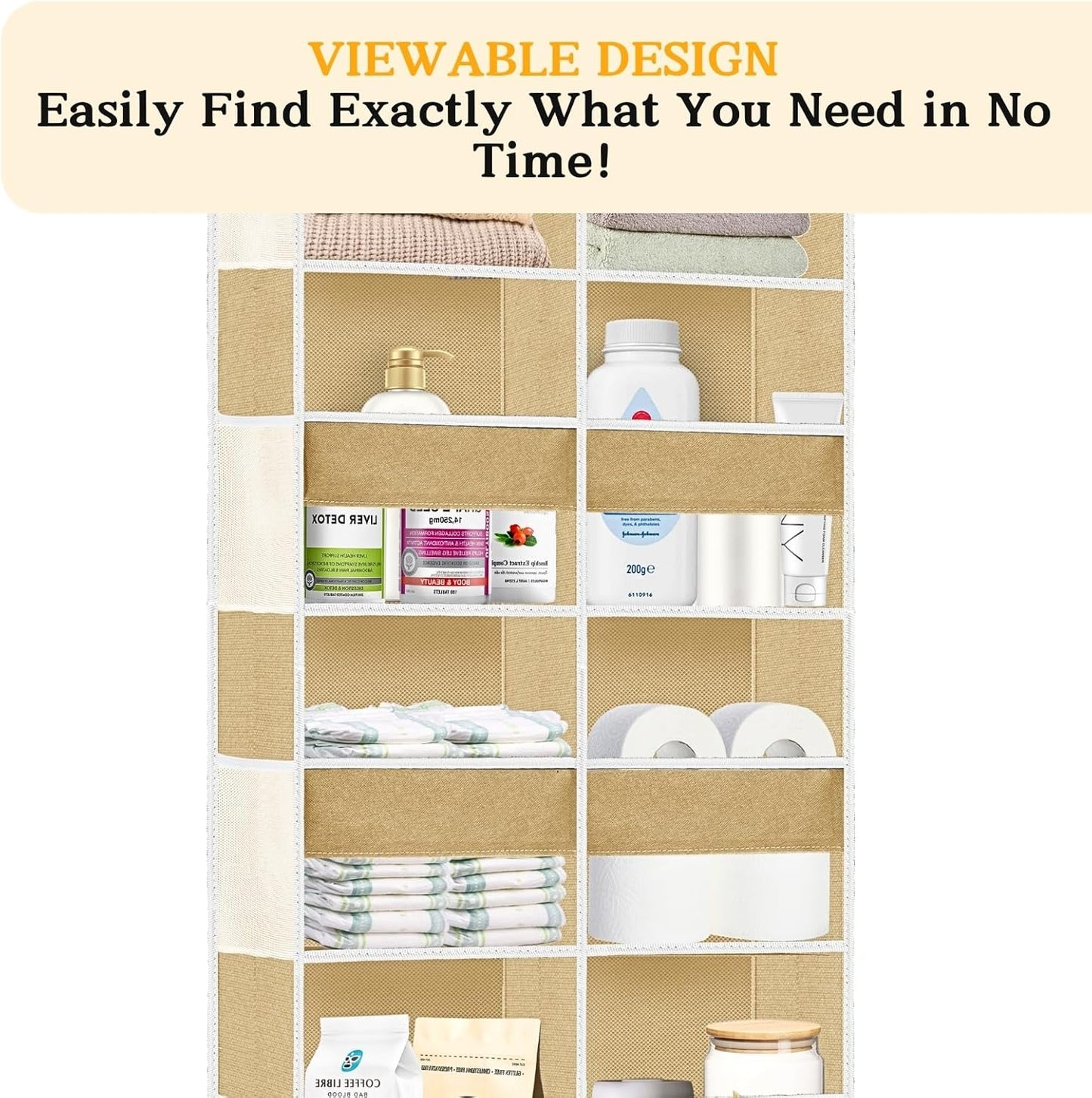 Over the Door Organizer 5 Tiers,Extra Large Behind Door Storage of 10 Compartments,80 lbs Weight Capacity Over the Door Storage, Door Hanging Organizer for Closet, Diaper Organizer (Camel)