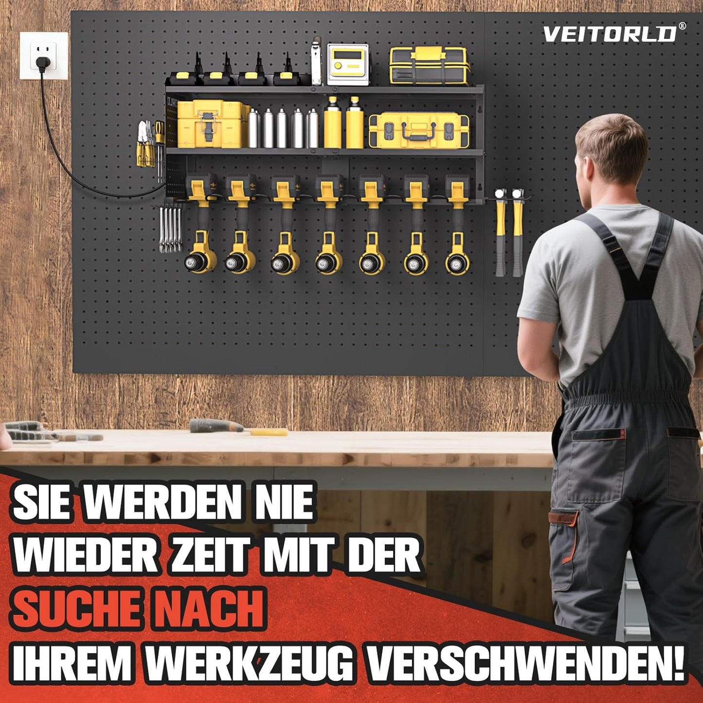 Veitorld Power Tool Organizer with Charging Station, 4 Drill Holders, Heavy Duty Modular Wall Mount Rack for Garage & Shed Organization, Tool Storage Organizer, Gifts for Men Dad Husband Christmas