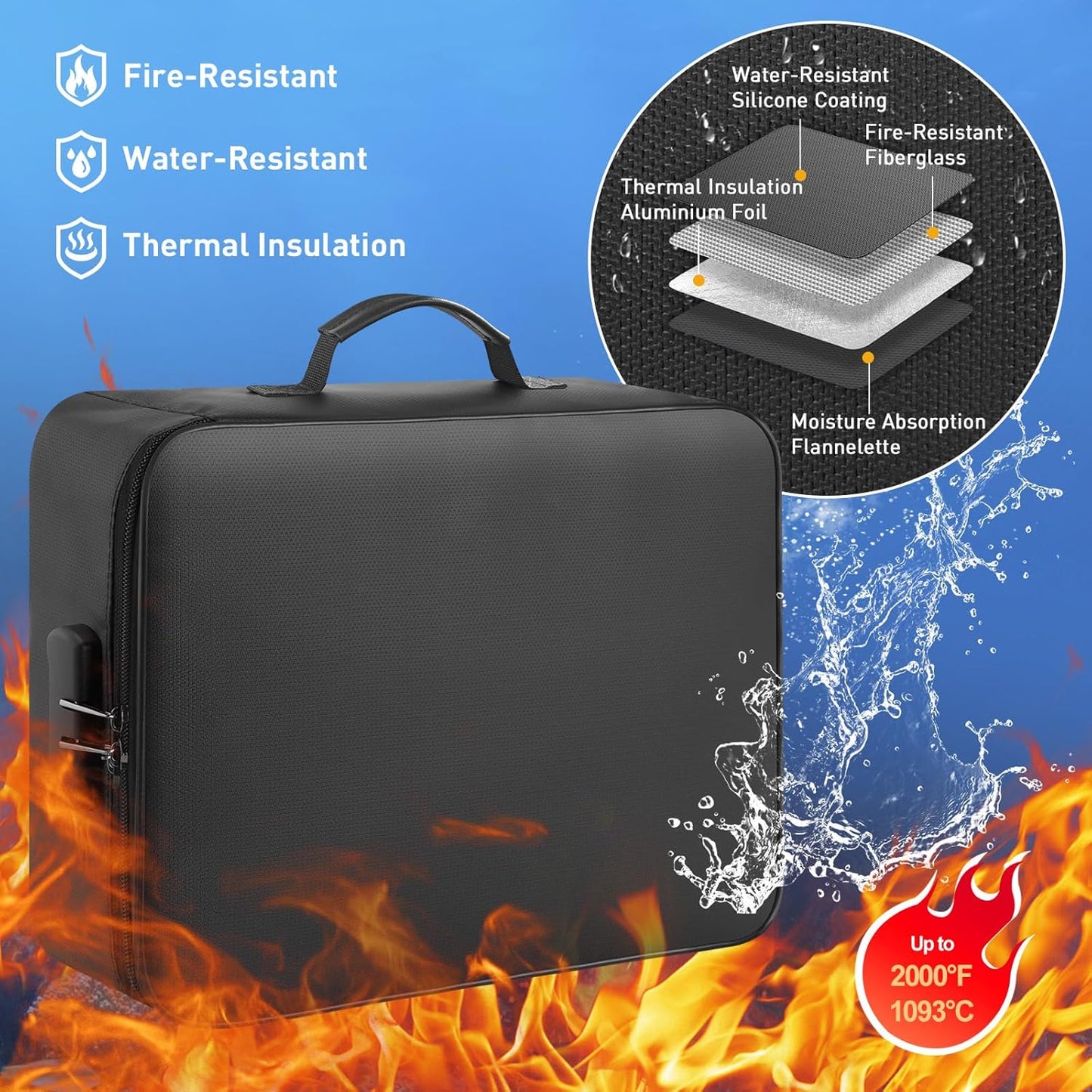Mondoshop Fireproof Waterproof Document Bag with Lock Portable Waterproof Document Organizer for Important File - Fire Proof Travel Storage Case with Zipper for Laptop, Passport, Certificates, Cards