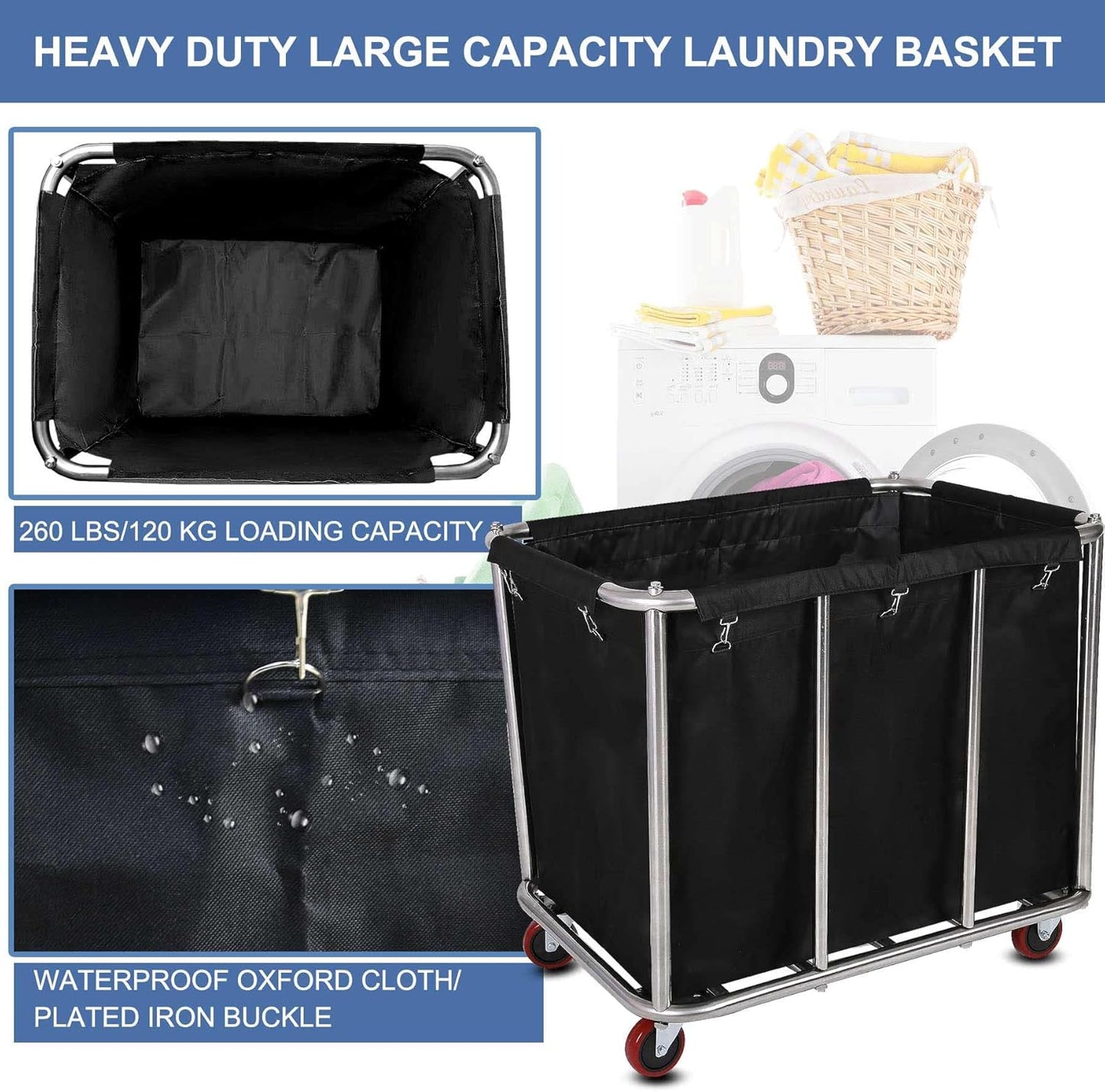 Large Laundry Cart with Wheels,Commercial Stainless Steel Heavy Duty Service Cart Laundry Hamper for Hotel/Home/School/Resort