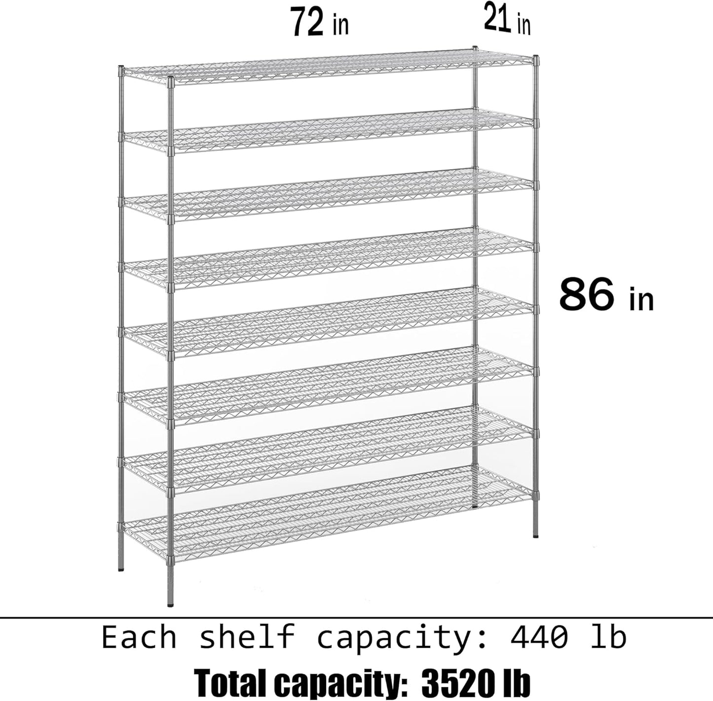21" Deep x 72" Wide x 86" Height Wire Shelving Kit | 8-Tier | NSF Commercial Storage Rack Unit