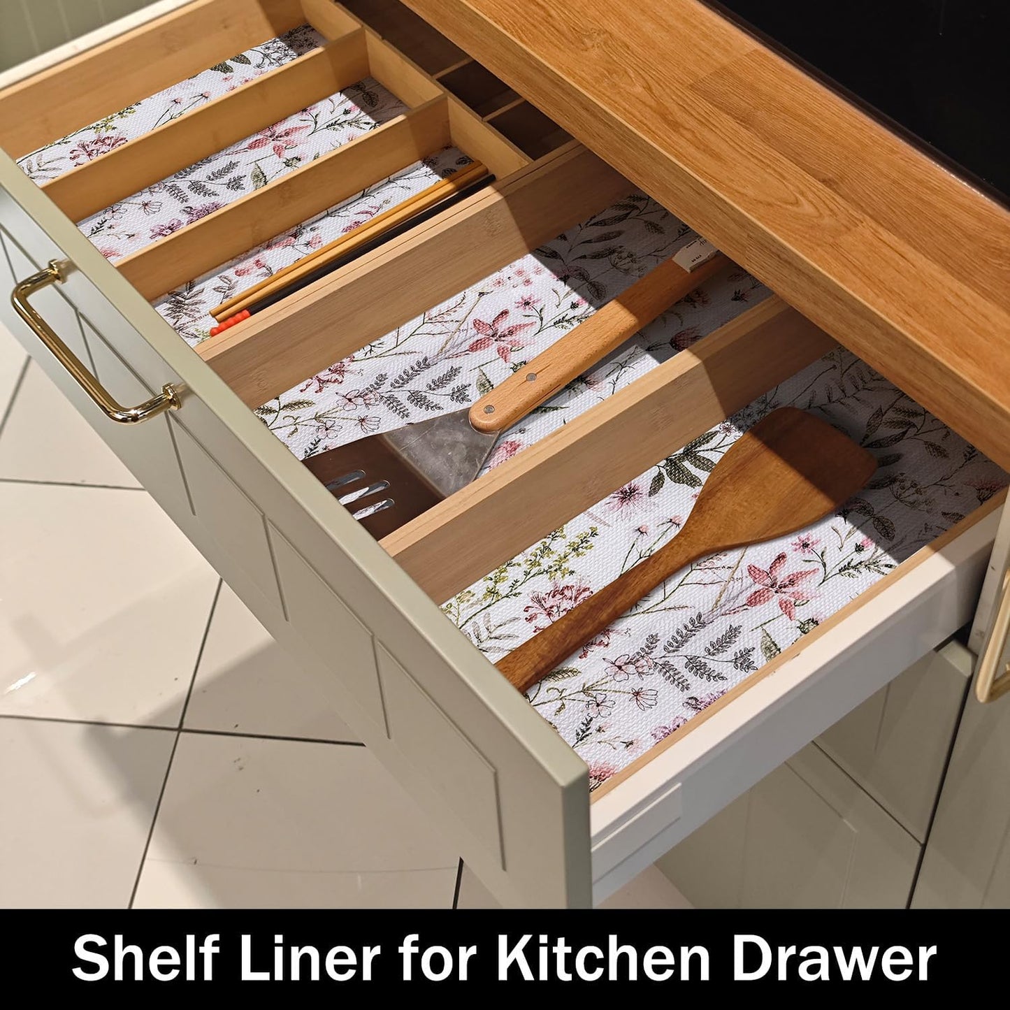 Floral Leaf Shelf Liners Strong Non-Slip and Non Adhesive 12IN x 20FT Shelf and Drawer Liners for Kitchen Cabinet Wire Fridge, Waterproof Shelf Drawer Liner,Easy to Clean