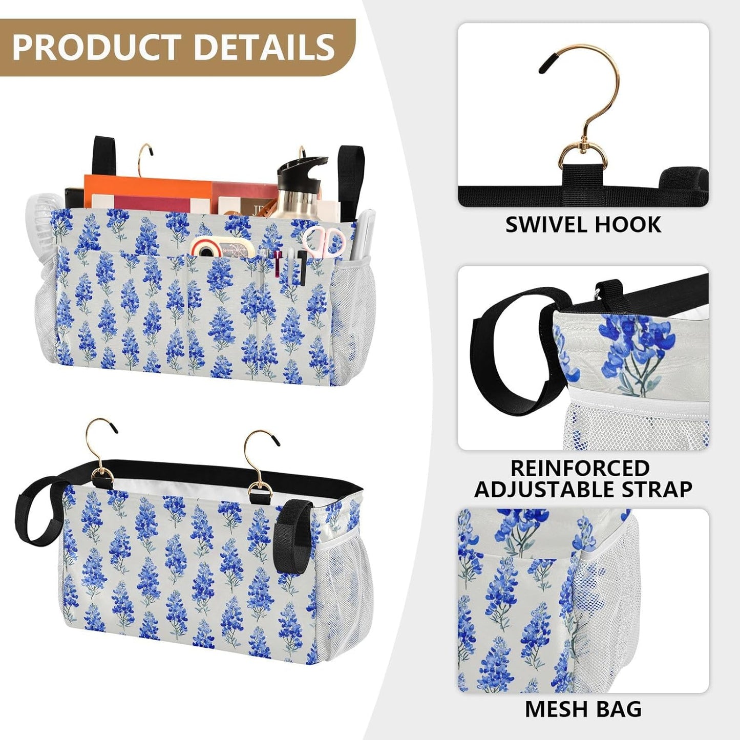 Watercolor Bluebonnets Bedside Caddy for Dorm Bed Bedside Hanging Caddy Bag Iron Frame Storage Organizer Pocket for Bunk Home College Hospital Beds 2 Hooks