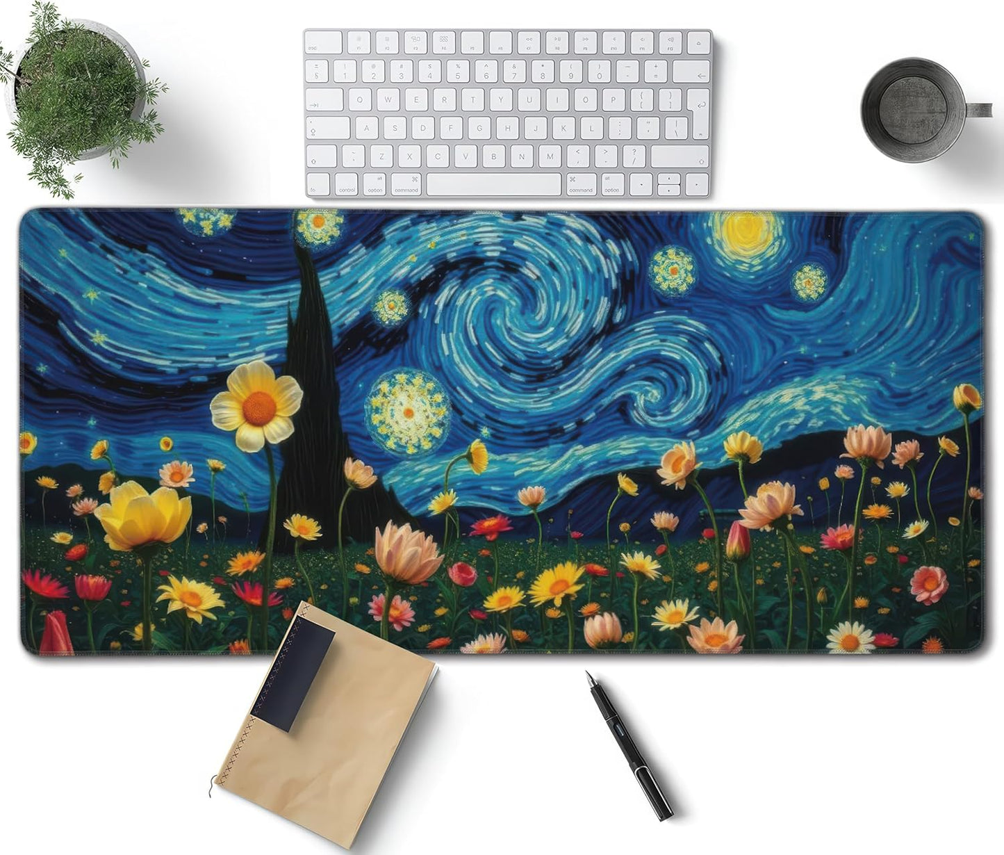 Starry Night Large Mouse Pad, Vintage Aesthetic Flowers Gaming Desk Mat, XXL Keyboard Desk Pad Mat for Desktop, 35.4"x15.7" Non-Slip Base Big Mousepad with Stitched Edges