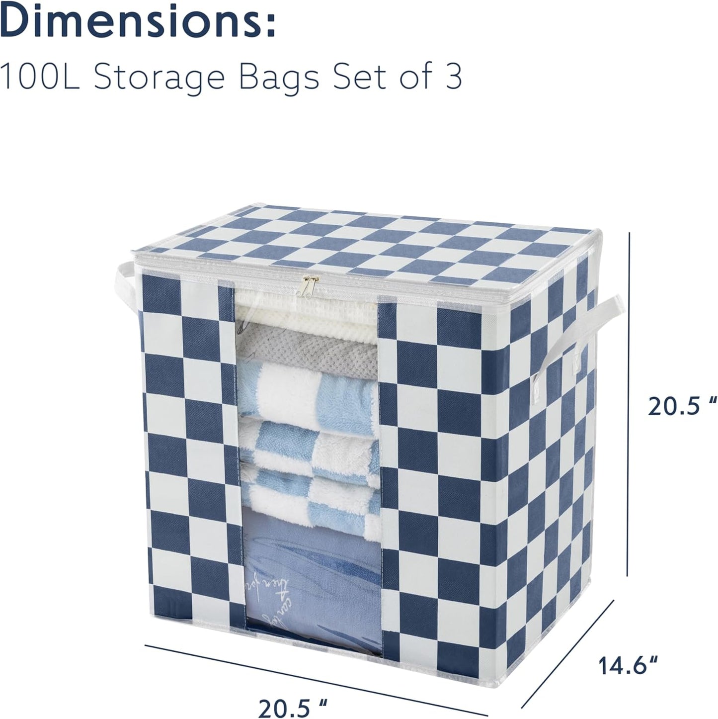 Navy Blue Checkered Clothes Storage Bins, 100L Large Blanket Storage Bags 3 Pack, Closet Organizers and Storage Containers for Comforters, Bedding, Foldable Organizer with Handle