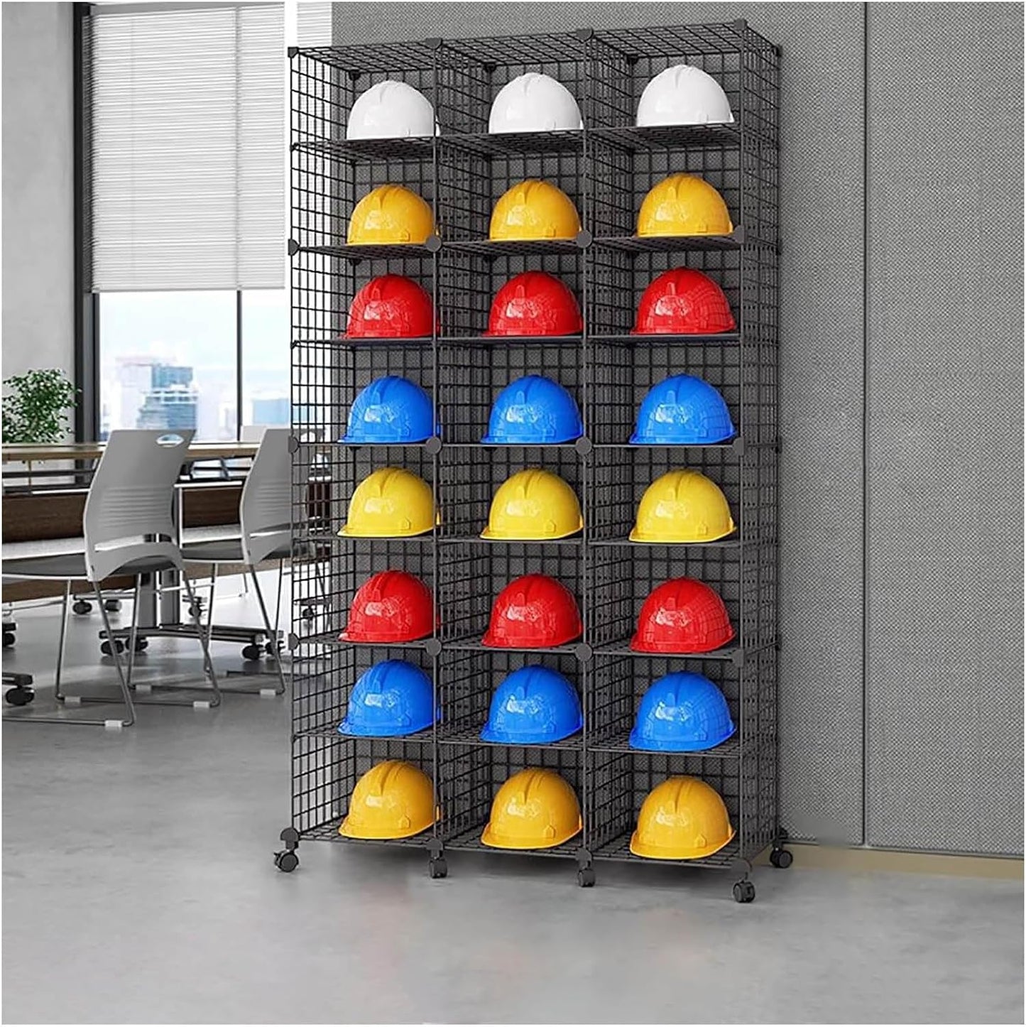Stackable Safety Helmet Storage Boxes, Large Adjustable Hard Hat Placement Organizer Rack,with Wheels,for Construction Site/Garage/Workshop/Factory Helmet Display Shelf (Black, 24 Grids-3 * 8)