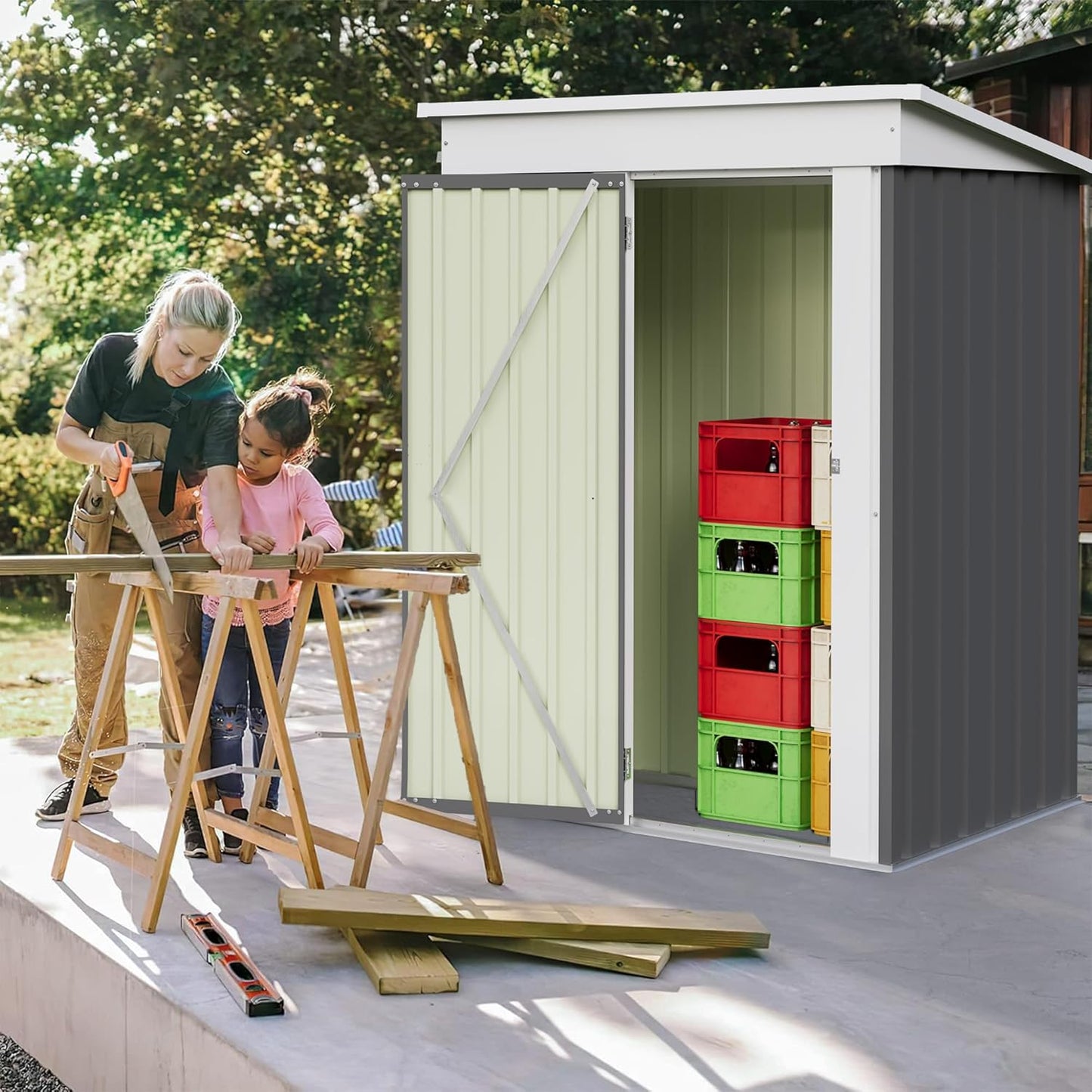 Furniwell 5x3 FT Outdoor Storage Shed, Metal Garden Sheds Outdoor Storage House with Single Lockable Door for Backyard Patio Lawn, Gray