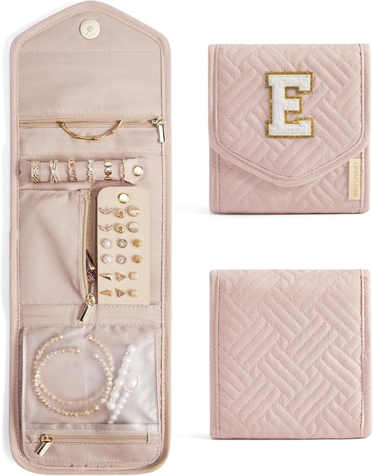 BAGSMART Travel Jewelry Organizer Case E Initial Foldable Jewelry Roll for Journey Rings, Necklaces, Earrings, Bracelets,Mini,Letter E,Soft Pink