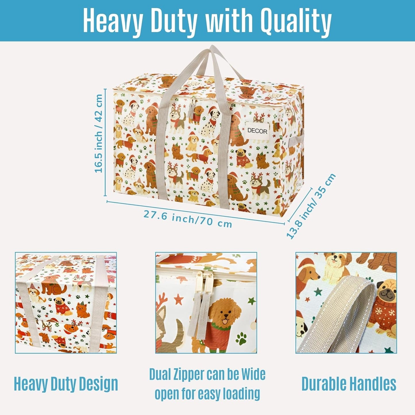 VENO 2 Pack Moving Bags and Large Christmas Storage Bins with lids. Alternative to Moving Boxes, Packing Supplies for College. Extra Large Heavy Duty Totes for Packaging (Holiday Pups, 2 Pack)