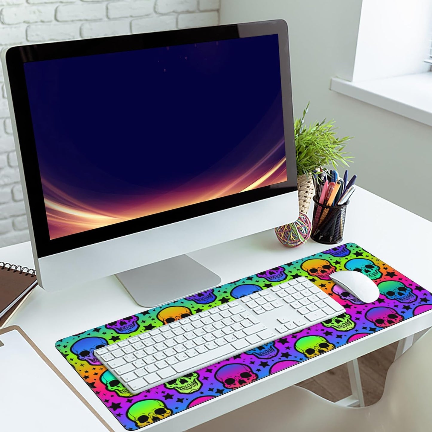 Desk Mat,Neon Skulls and Stars Extended Gaming Mouse Pad,Large Non-Slip Rubber Base Mousepad with Stitched Edges,Waterproof Mouse Mat Desk Pad for Office Game Home 35.4x15.75 in