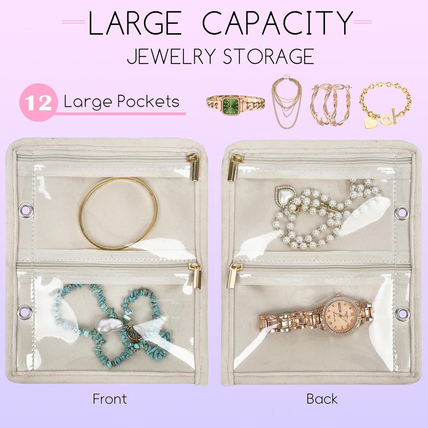 Travel Jewelry Organizer Case,Small Jewelry Bags for Traveling, Jewelry Binder with 24 Pcs Clear Zipper Velvet Pouches (Inner Pages,Beige,3 PCS)