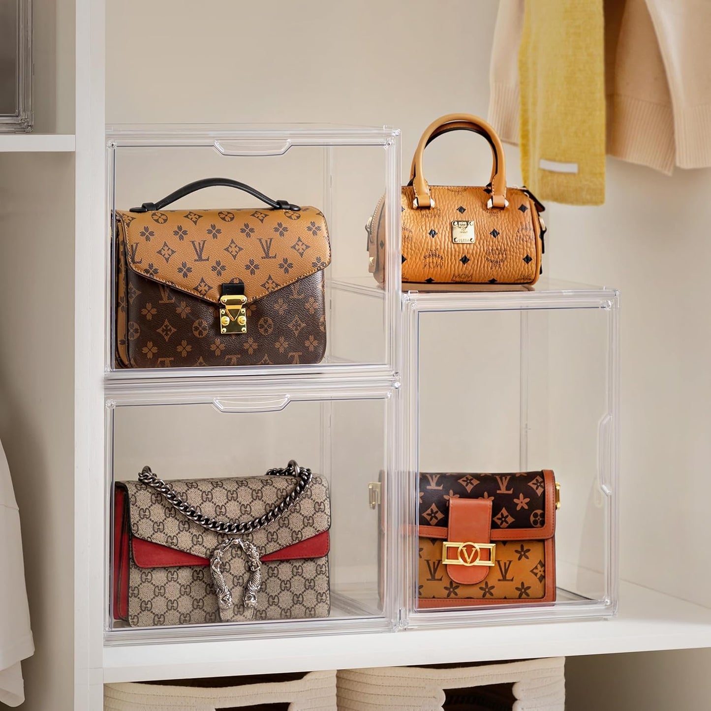 HBlife 16 Pack Purse Storage Organizer for Closet, Large Clear Stackable Handbag Display Case Box with Magnetic Door for Collectibles, Cosmetics, Women Heels and Toys