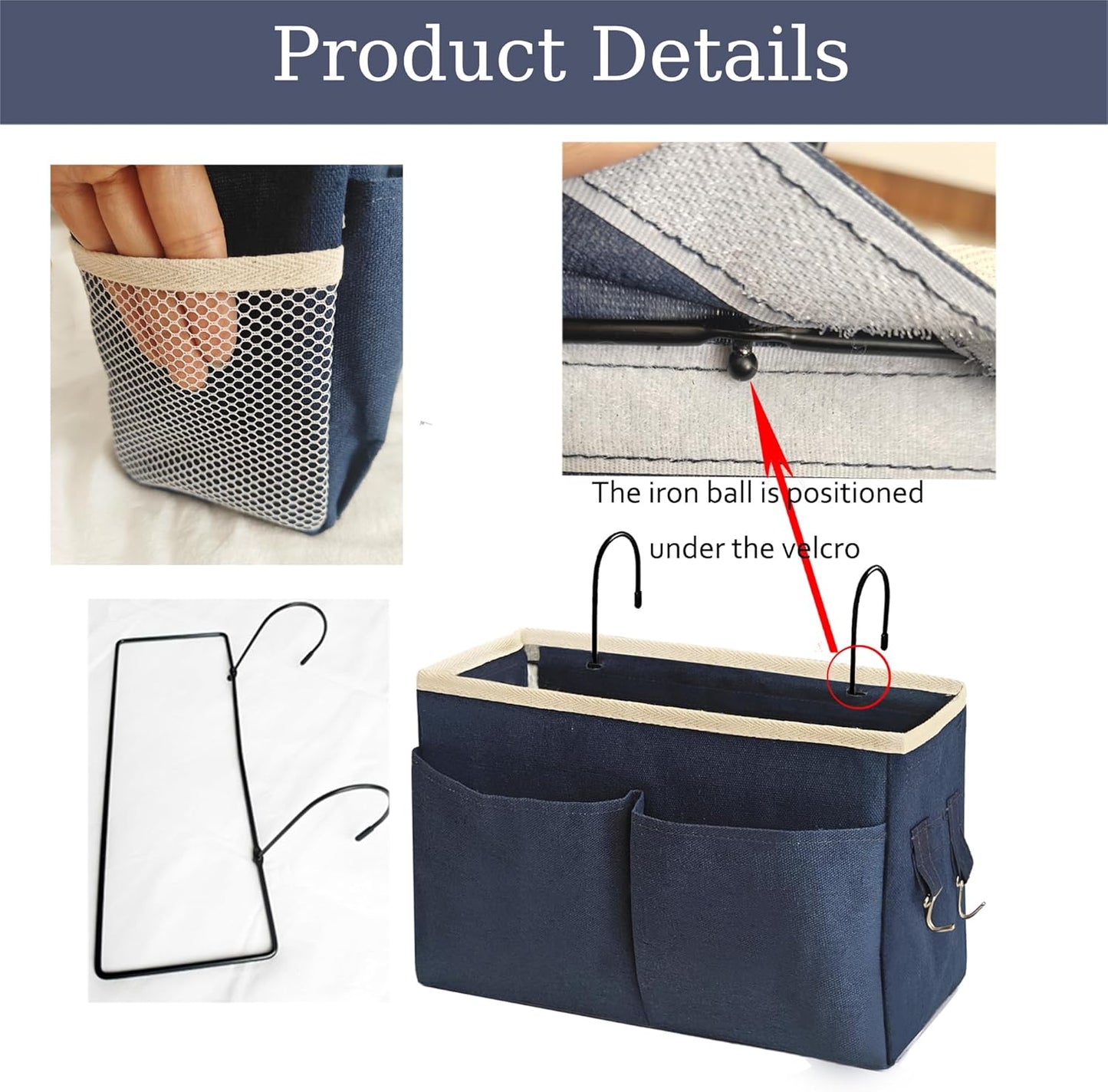 Bedside Caddy Bedside Hanging Storage Basket Multi-Function Organizer Caddy for Bunk and Hospital Beds Dorm Rooms Bed Rails, Can be Placed Glasses Books Mobile Phones（Navy Blue）