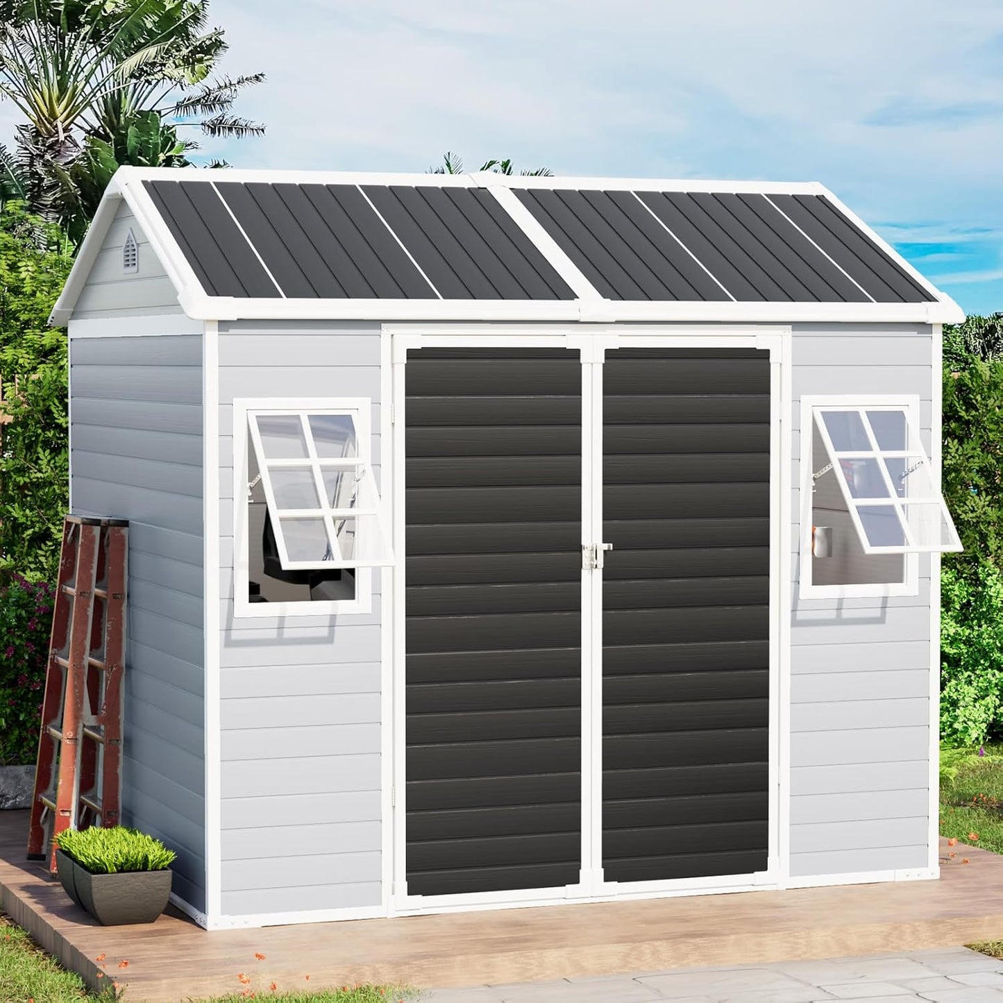 6x8 FT Plastic Storage Sheds Outdoor with Floor and Openable Window, Utility All-Weather Resin Shed Easy to Install, Large Sheds & Outdoor Storage/Tool Shed for Garden & Backyard, Gray
