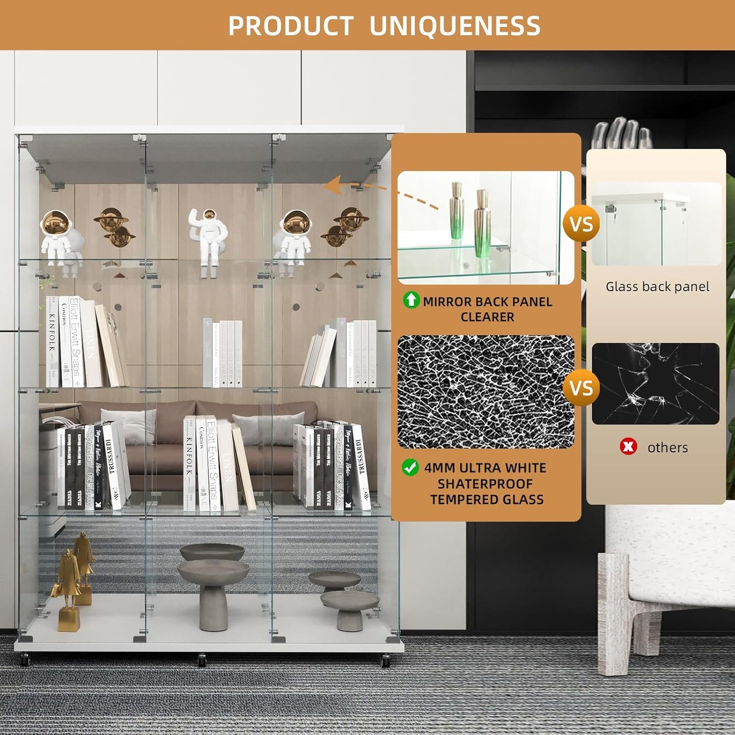 Beauty4U Glass Display Cabinet with Mirror Back Panel, 12 Shelves with 3 Columns, 2 Doors Curio Cabinets for Living Room, Bedroom, Office, White Floor Standing Glass Bookshelf, Quick Installation
