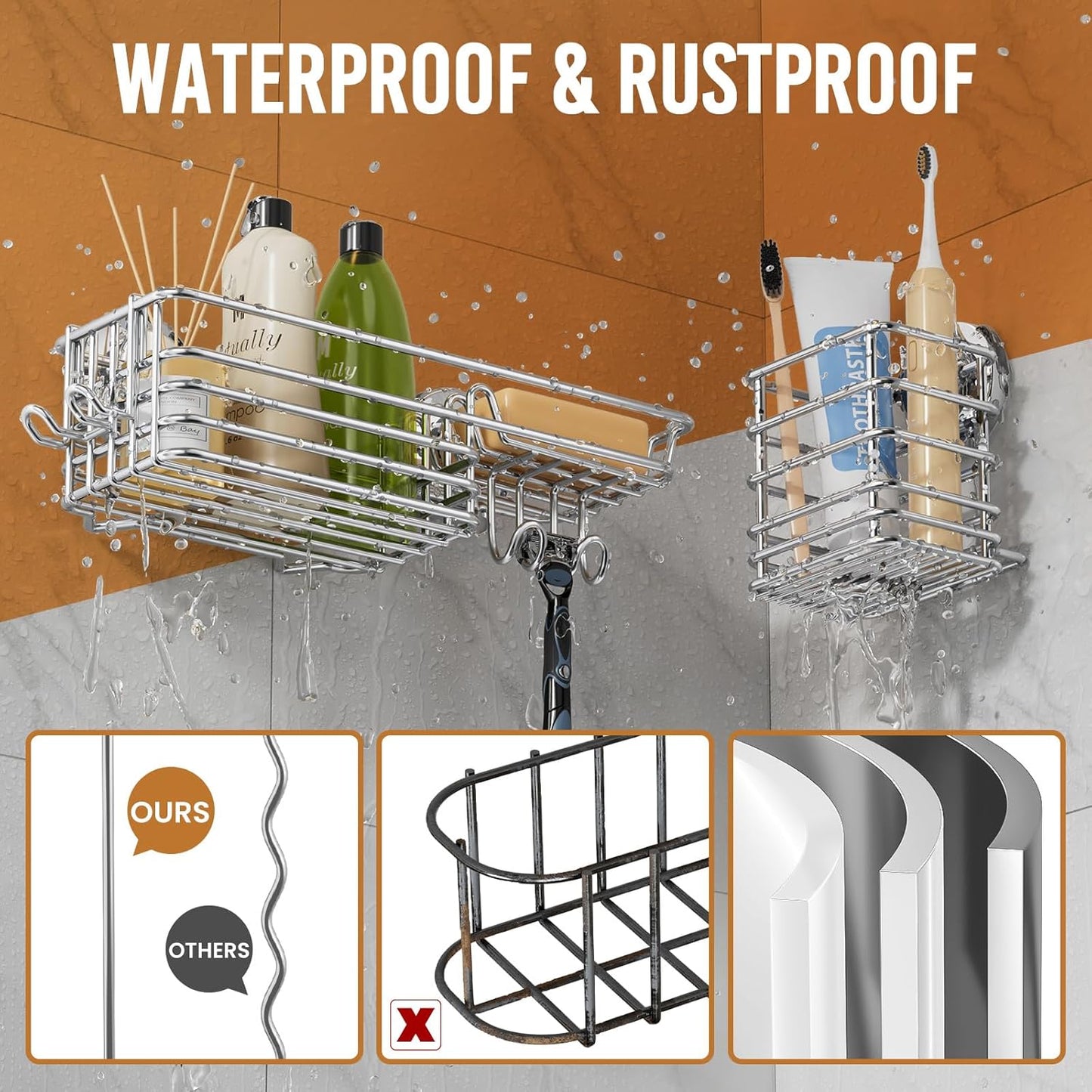 LEVERLOC Shower Caddy Suction Cup, 3 Pack Heavy Duty Bathroom Organizer for Inside Shower with Hooks & Soap Holder, Removable Bathroom Organizer, Rustproof Silver Holder Storage Storage,Silver