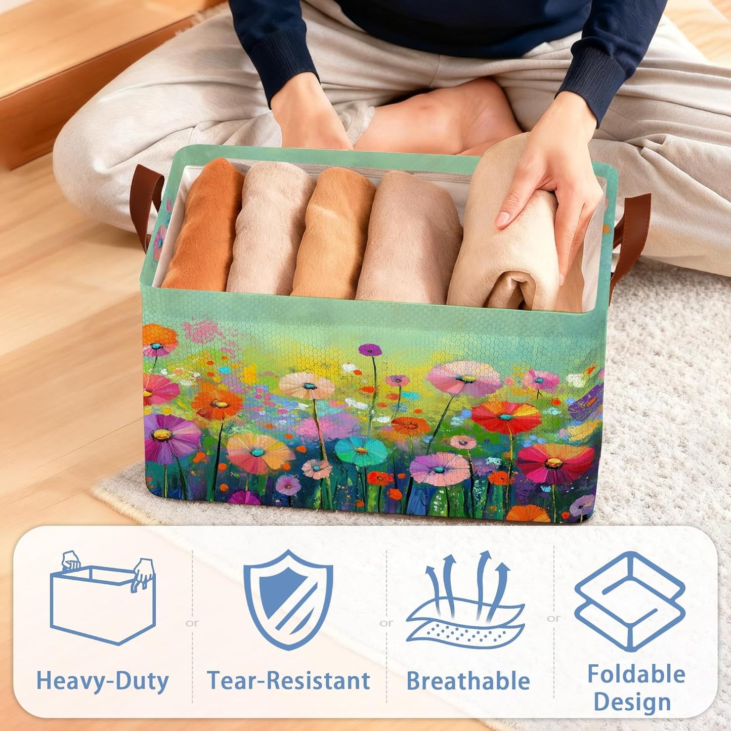 Retro Flowers Floral Storage Basket with Handles,Colorful Collapsible Rectangle Organizer Bin for Room Decoration Books Box Baskets 17x11.5x10Inch