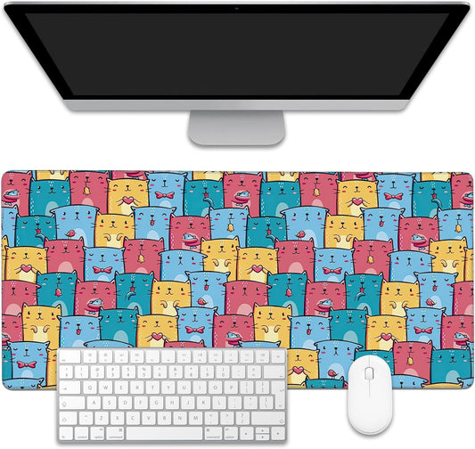 Kawaii Colorful Cats Desk Mat,Large Gaming Mouse Pad,Non-Slip Rubber Base Desk Pad with Stitched Edges for Desk Office Home Decor 35.4X15.7 Inch