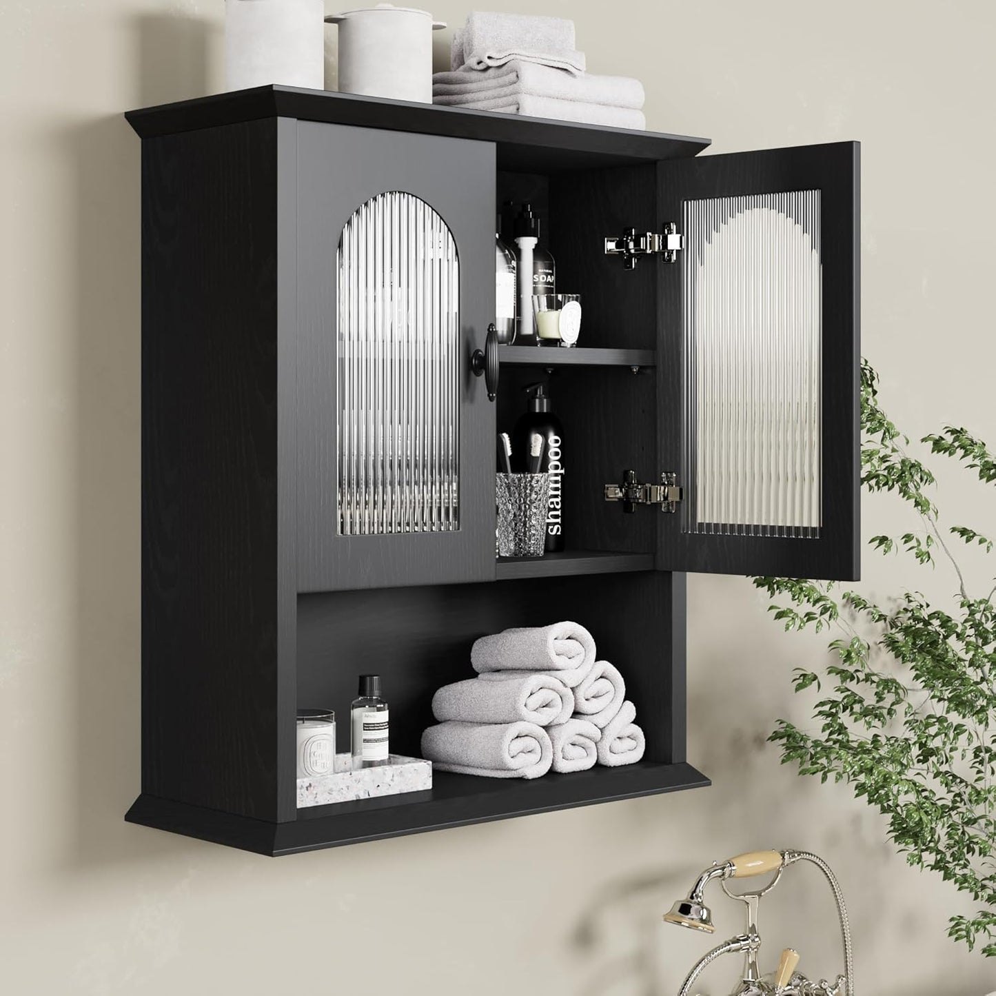 CJL Bathroom Wall Cabinet with Fluted Door, 18.9'' x 23.6'' Medicine Cabinet, Over The Toilet Storage Cabinet, Black