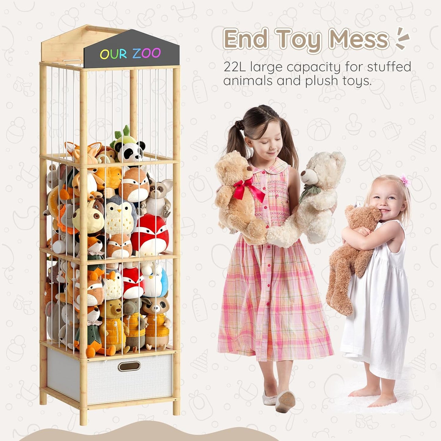 HOOBRO Stuffed Animal Storage & Organizer, Bamboo Stuffed Animal Holder with Fabric Drawer and DIY Chalkboard, Plush Toy Organizer for Playroom, Living Room, Nursery, Natural and Beige YL66CW01