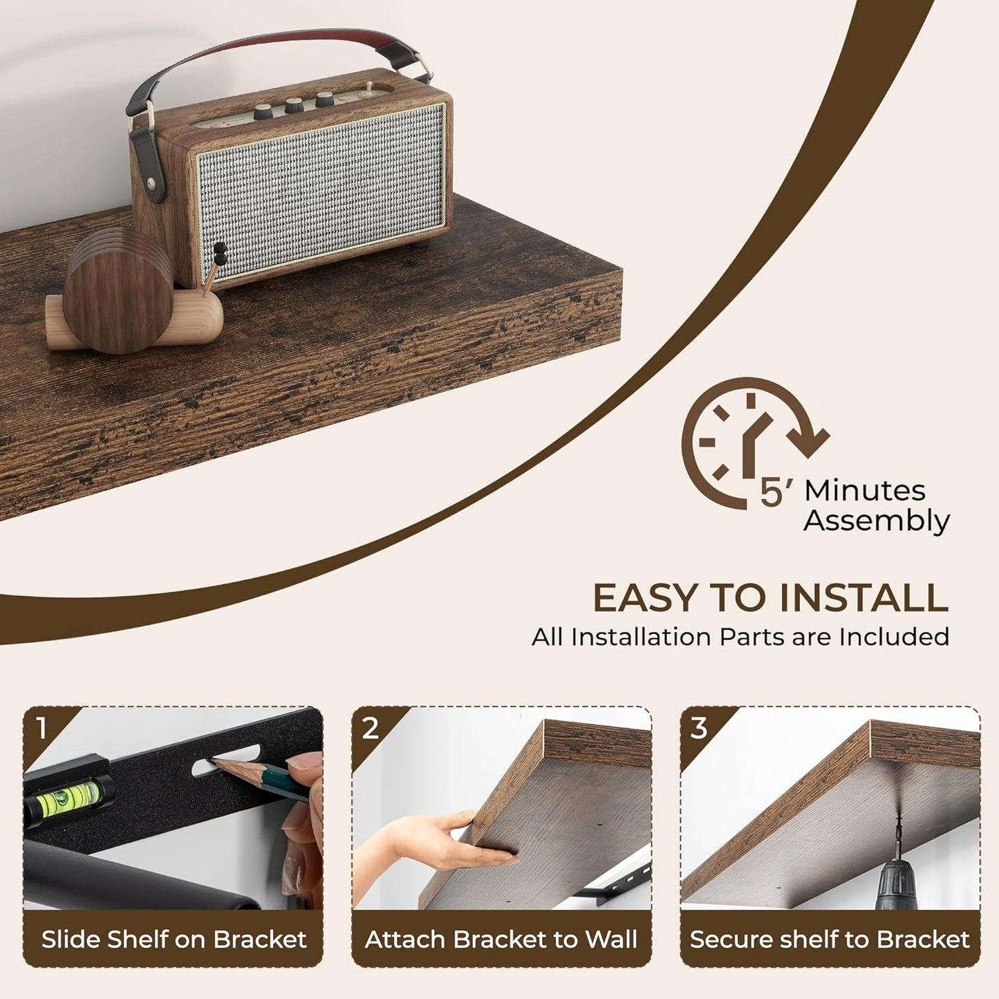 RICHFOCUS 40Inch Floating Shelves for Wall 2 Pack Shelves for Bedroom|Kitchen|Bathroom Wall Mounted Rustic Wood Floating Shelf with Invisible Brackets for Books|Storage|Decor, Rustic Brown