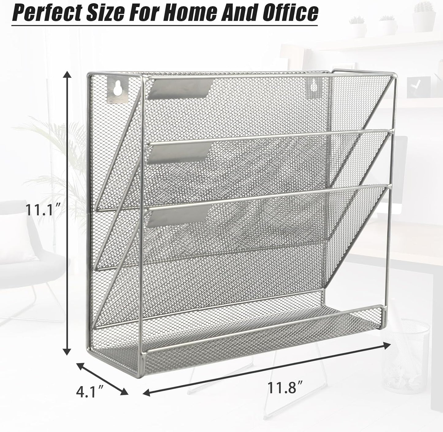 EASEPRES Desk File Organizer Mesh 4-Tier, Hanging Wall Mount Document Organization Stand, Desktop Vertical Mail Paper Folder Holder Rack with Bottom Tray for Office Home Cubicle Countertop, Silver