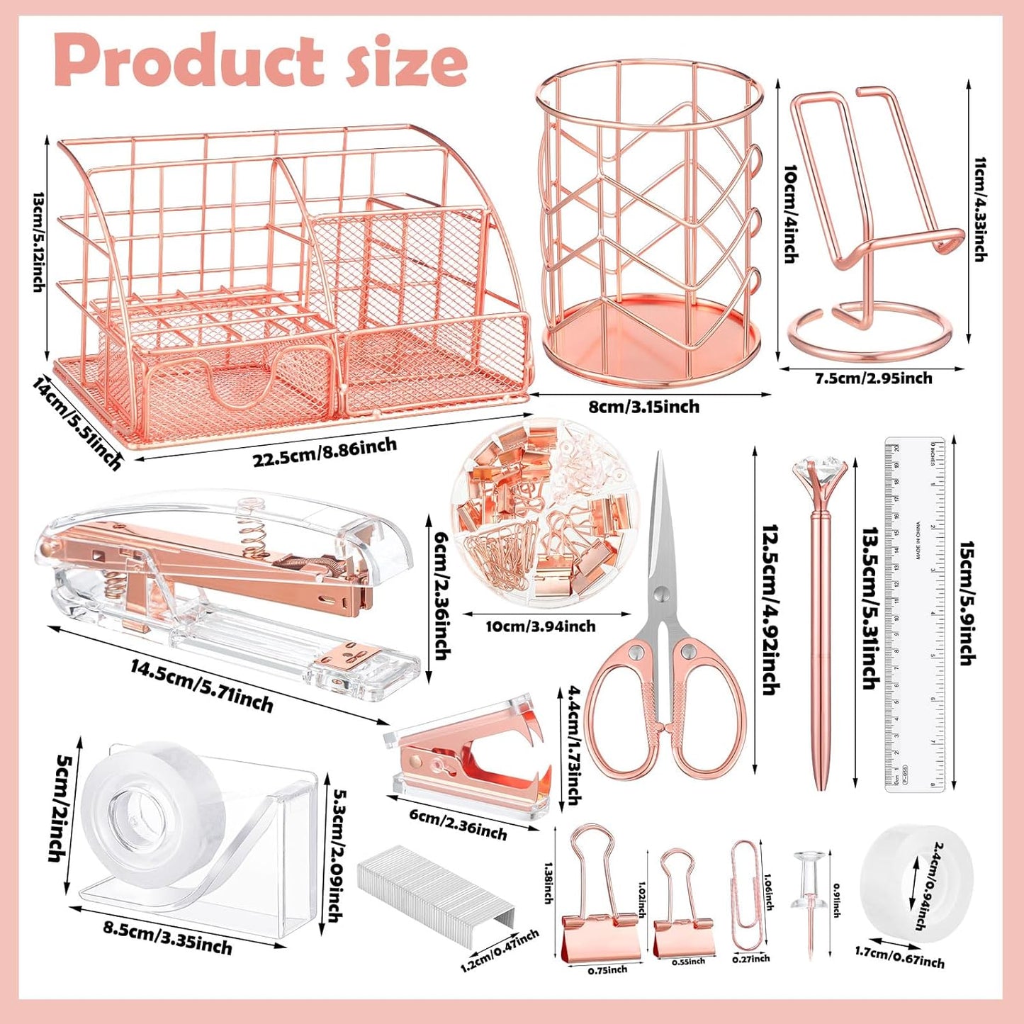 Rose Gold Office Supplies and Accessories, Rose Gold Mesh Desk Organizers with Tape Holder, Tape, Stapler, Staple Remover, 1000pcs Staples, Pen, Pen Holder, Ruler, Phone Holder, Clips, Scissor