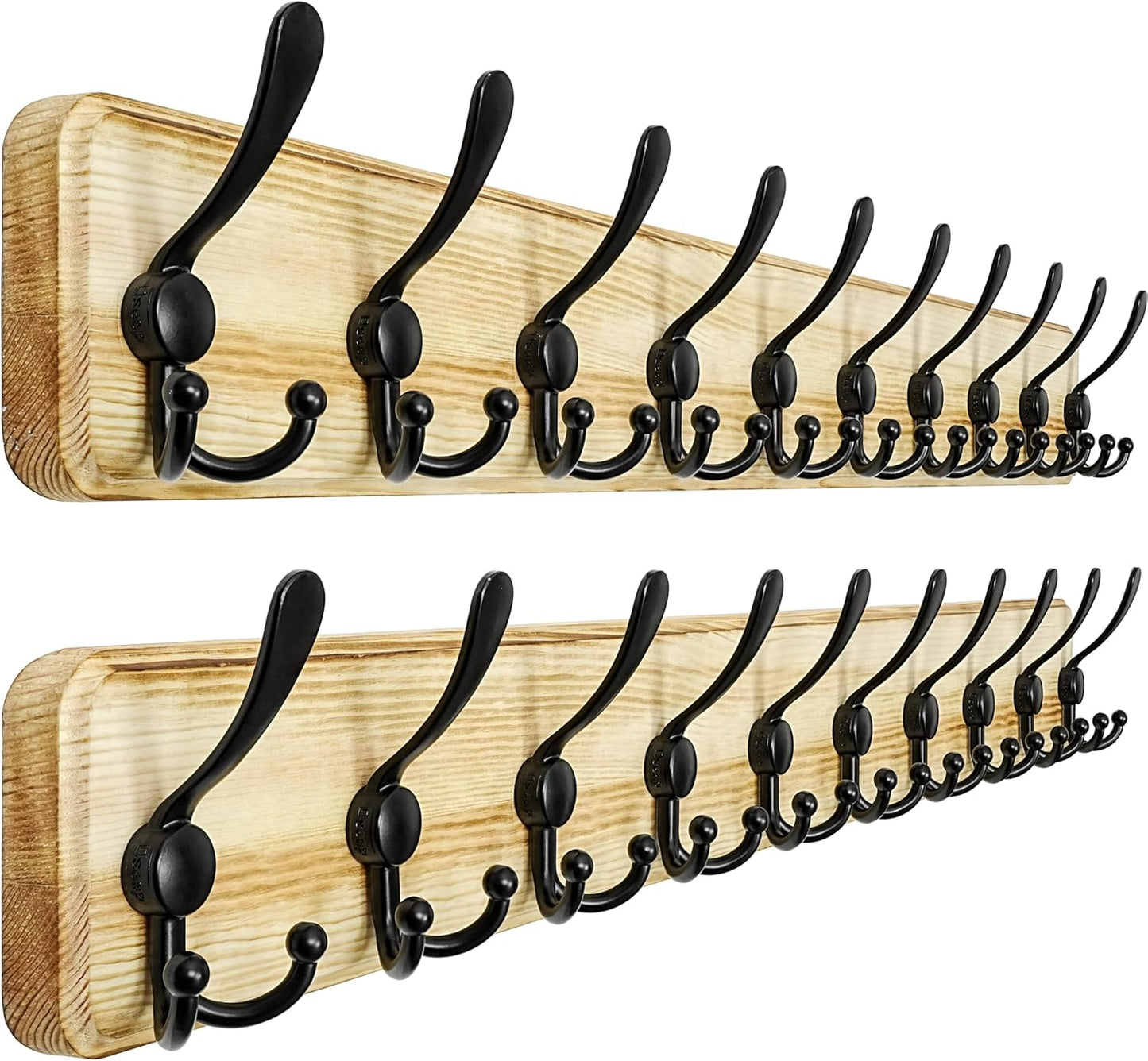 Dseap Coat Rack Wall - Heavy-Duty 38-1/4" Long, with Reinforced 10 Custom Tri-Hooks, Solid Wood Wall Hanger for Coats Hat Jackets - Rustic Farmhouse Entryway Storage, Light Brown & Black, Pack of 2