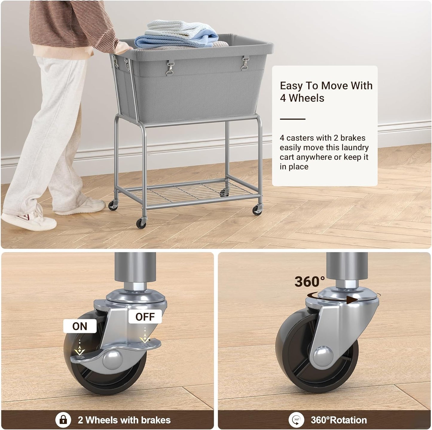 ELYKEN Laundry Cart with Wheels, Rolling Laundry Hamper with Removable Bag and Shelf, Metal Frame Laundry Basket with 4 Casters and 2 Brakes, Ideal for Bedroom, Bathroom, Laundry Room, Gray